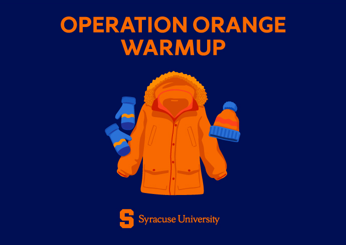 "Operation Orange Warmup" and illustration of an orange coat with hat and mittens