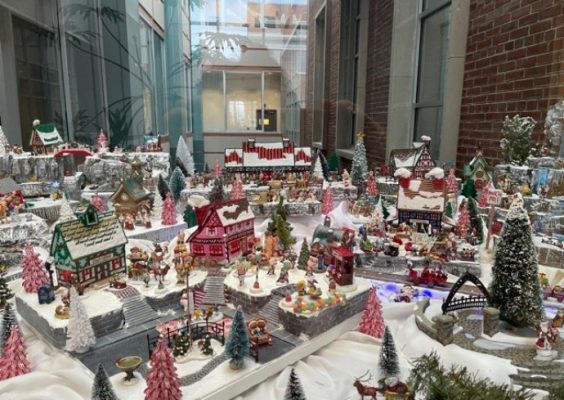 Christmas village with miniature buidings and figures