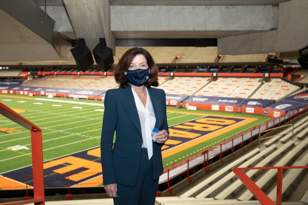 Governor Kathy Hochul standing inside stadium
