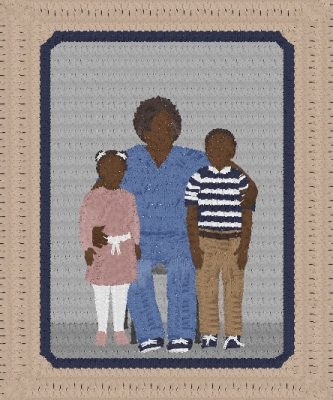 Artwork depicting an incarcerated female prisoner with her two children, part of a new exhibit at the Syracuse University Art Museum.
