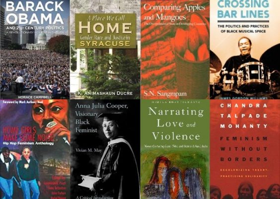 composite of 8 book cover pages, all authored by faculty in African American studies and/or women's and gender studies at Syracuse University