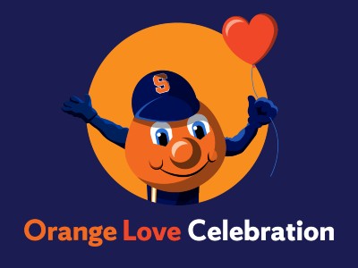 Otto holding a red heart-shaped balloon and the words Orange Love Celebration