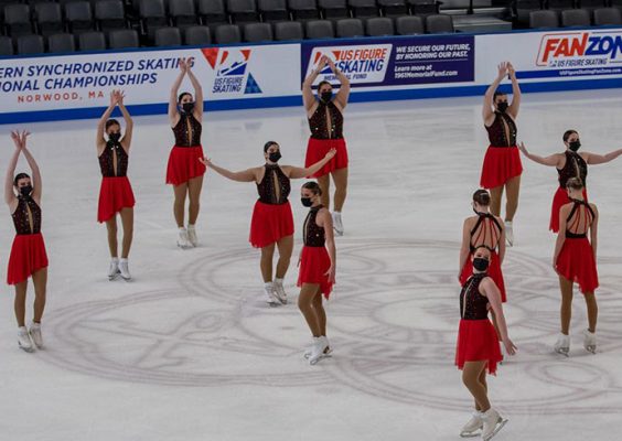 synchronized skating team on ice