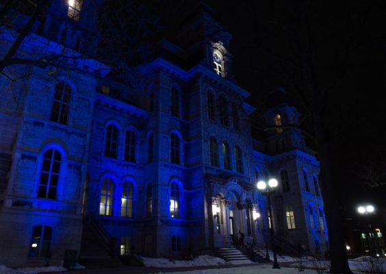 Hall of Languages lit up in blue and yellow in support of Ukraine