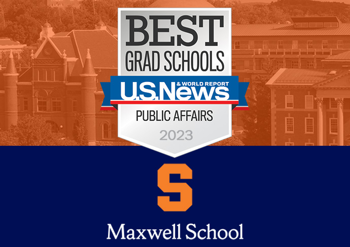 Best Grad Schools U.S. News & World Report Public Affairs 2023 rankings badge with Block S and images of the Maxwell School under an orange color band