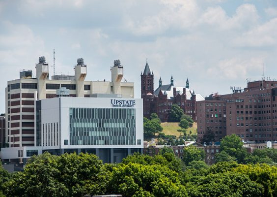SUNY Upstate building with Syracuse University in background