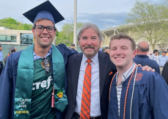 Joao Paulo Forman Murray, Sport Management Professor Dennis Deninger and Josh Eimbinder at Commencement 2022