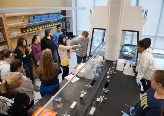 students in a chemistry lab receive a lesson from a teaching assistant