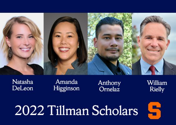 four head shots in graphic with words 2022 Tillman Scholars Natasha DeLeon, Amanda Higginson, Anthony Ornelaz, William Rielly