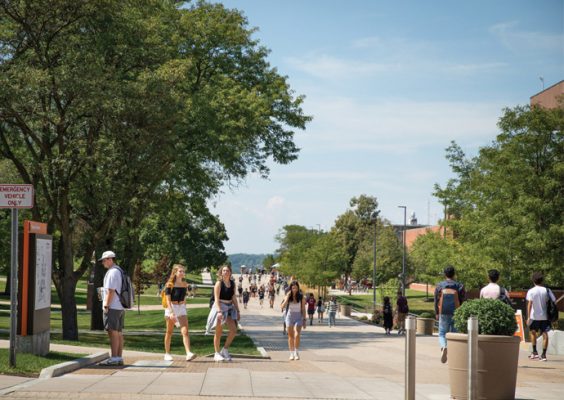 Students milling around the Einhorn Walk in small groups on a late-summer day