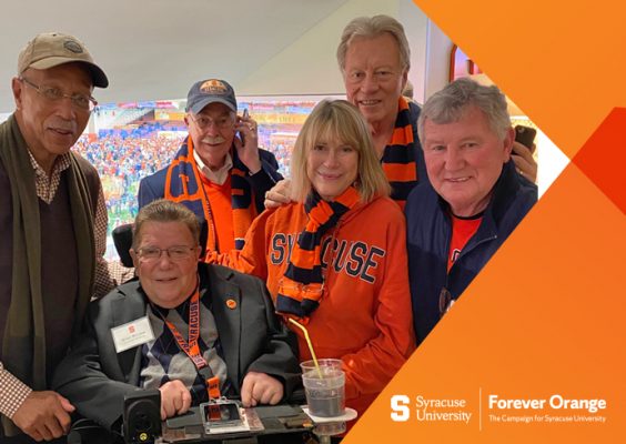 several people in Orange gear at football game with graphic on one side of the photo that states Syracuse University, Forever Orange