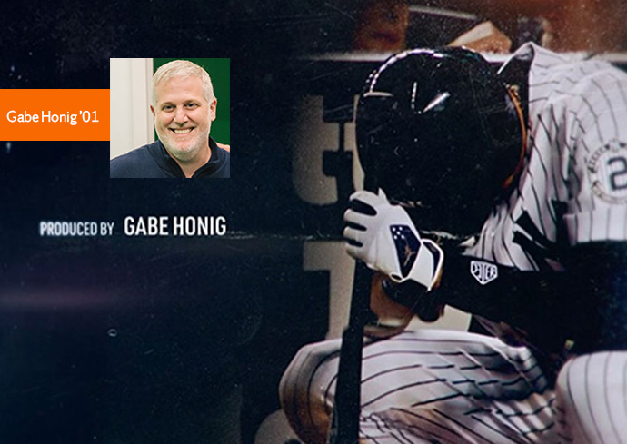 graphic with photo of Gabe Honig and screen image of documentary showing baseball player leaning over bat with words produced by Gabe Honig