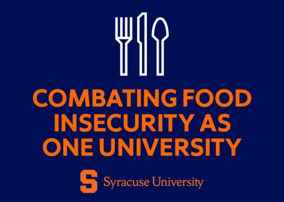 icon of fork, knife and spoon with the text: "Combating Food Insecurity as One University" and the Syracuse University wordmark