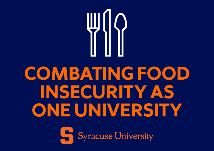 icon of fork, knife and spoon with the text: "Combating Food Insecurity as One University" and the Syracuse University wordmark