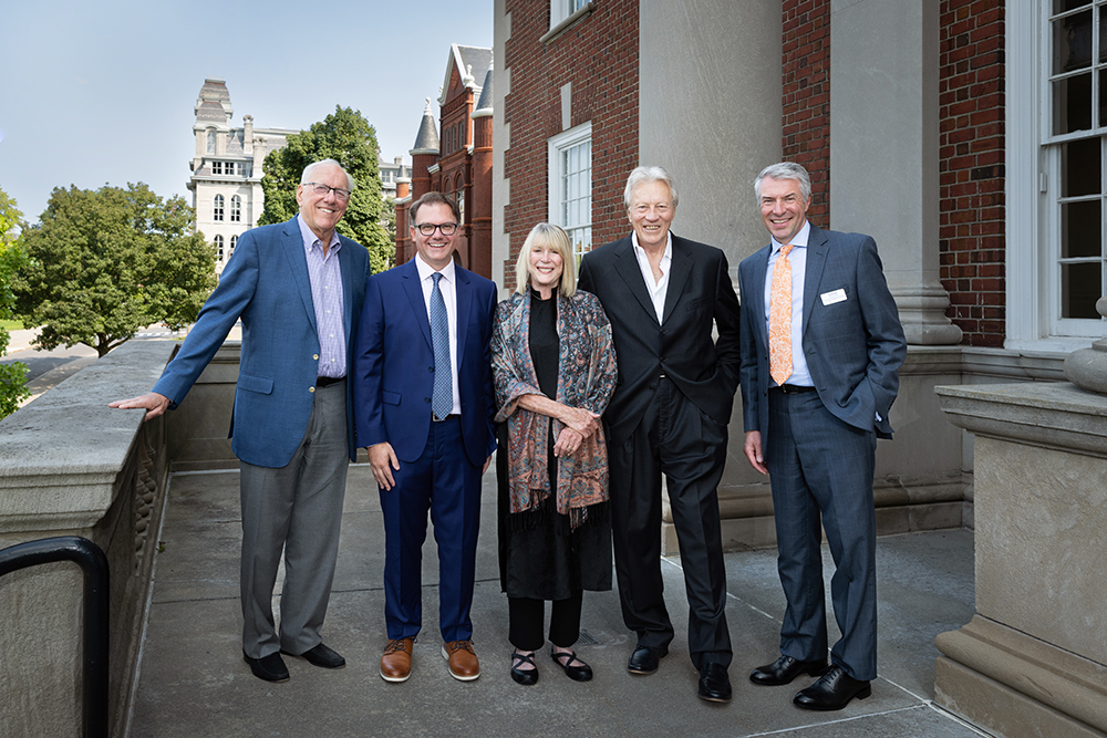 Jim Boeheim, Chris Faricy, Kathy Hicker, George Hicker and Dean David Van Slyke pose together during panel discussion at Maxwell School 