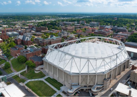 aerial view of JMA Wireless Dome and campus