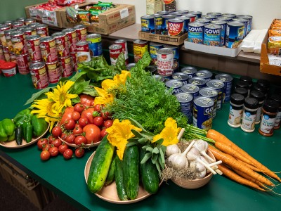 Vegetables and canned items at food pantry