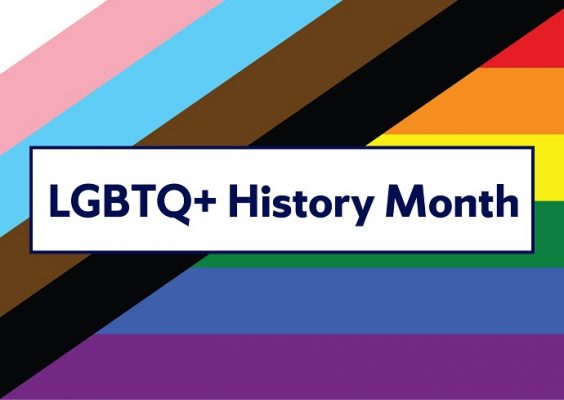 graphic with colors of the LGBTQ pride flag with words LGBTQ+ History Month
