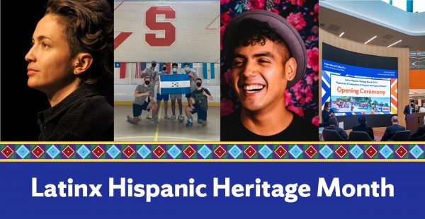 graphic with words Latinx Hispanic Heritage Month with photos showing a portrait, a group of people, a portrait and a group of people watching a large screen monitor