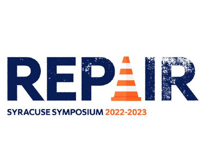 graphic with words repair, with a construction cone, and syracuse symposium 2022-23