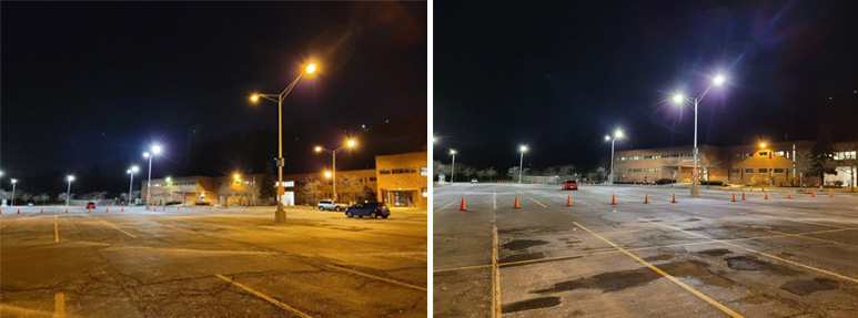 side-by-side comparison of lighting in the Comstock Ave parking lot before and after upgrades