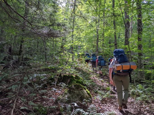 students with daypacks hiking through the woods
