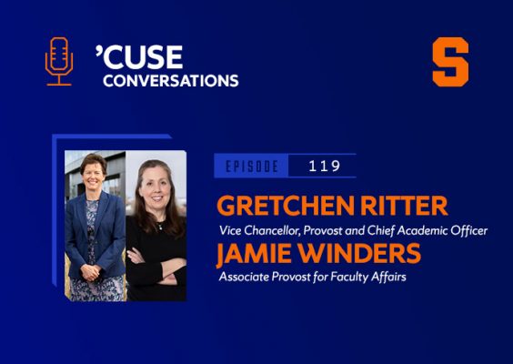 Gretchen Ritter and Jamie Winders headshots featured on the 'Cuse Conversations podcast template.
