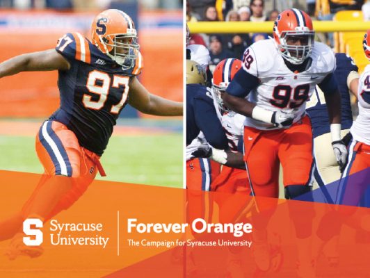 graphic with Art and Chandler Jones playing football. Also SU and Forever Orange in print