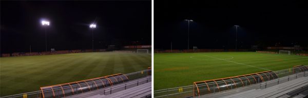 side-by-side images of the SU Soccer Stadium at night before and after recent lighting upgrades