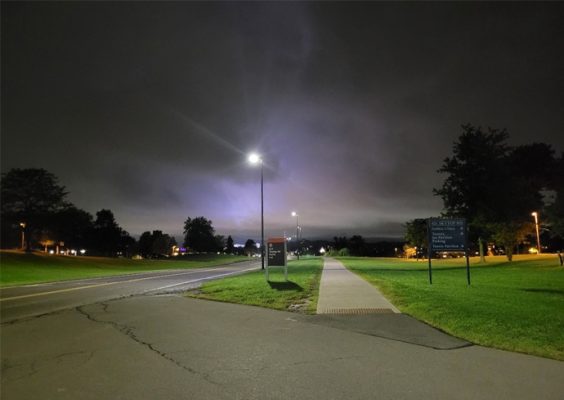 exterior lighting on South Campus at night
