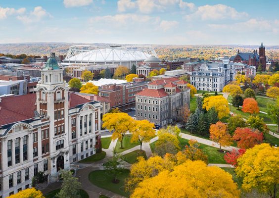 aerial view of campus in fall
