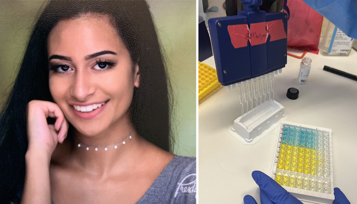 portrait of Nedine Abdelhamid ’23 next to an image of her conducting research during her summer internship