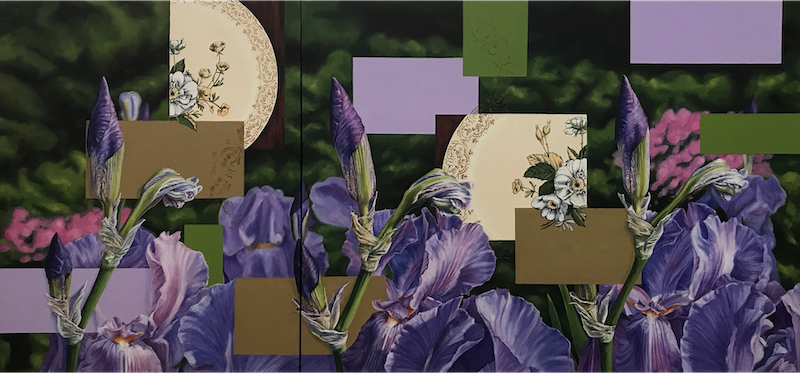 An oil painting by Alexis Kulinski depicting iris flowers