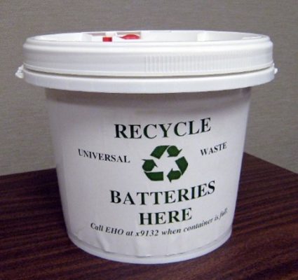 bucket with label indicated battery recycling