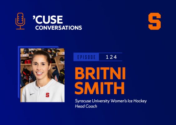 Woman smiling surrounded by the Cuse Conversations podcast logo and the Orange block S.