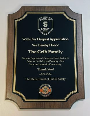 plaque in recognition of the Gelb family's donation of electric bikes to DPS