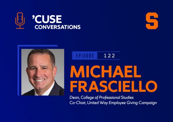 Michael Frasciello headshot along with the Cuse Conversations podcast logo and the Orange block S Syracuse University logo.