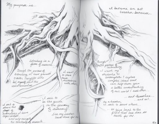 page from Alexa Kulinski's journal that includes a drawing of a tree and explores her purpose and why she became an art teacher