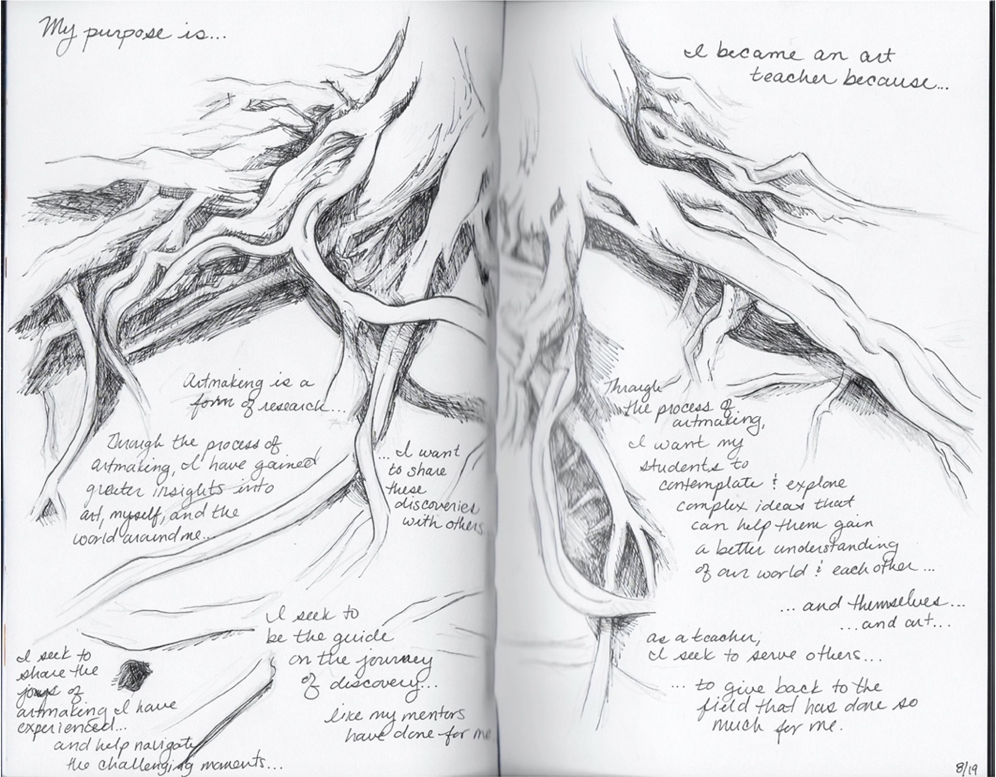 page from Alexa Kulinski's diary which includes a drawing of a tree and explores her purpose and why she became an art teacher