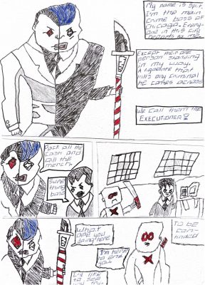a page from a student's visual journal depicting a comic book character named Split Johnson