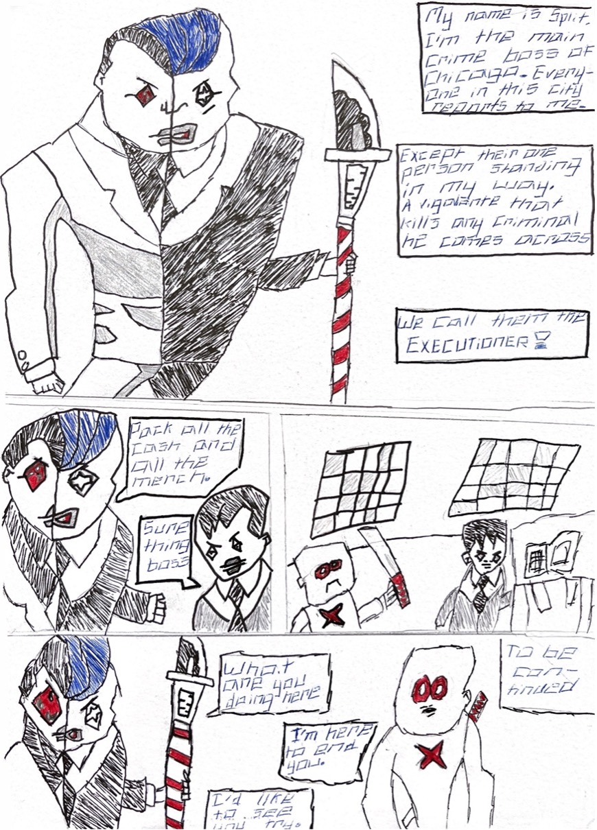 a page from a student's visual diary featuring a comic book character named Split Johnson