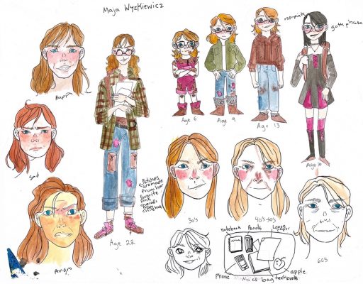 page from a student's visual journal that includes drawings of the same character, "Maya," at various ages and stages of life