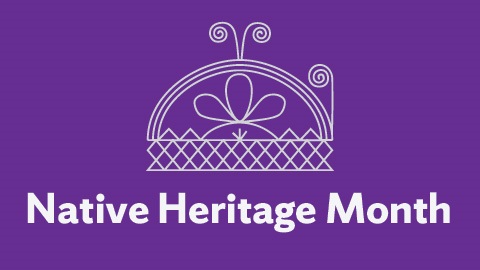 purple graphic with artwork of the Haudenosaunee skydome and the text "Native Heritage Month"