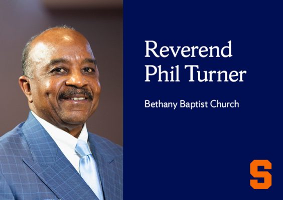 portrait of Reverend Phil Turner, with white text on a blue background that says "Reverend Phil Turner, Bethany Baptist Church"