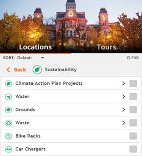screencap of the Interactive Campus Map, filtered by Sustainability items, including Climate Action Plan projects, Water, Grounds, Waste, Bike Racks and Car Chargers