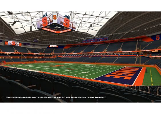 architectural rendering of renovated interior of JMA Wireless Dome during a football game