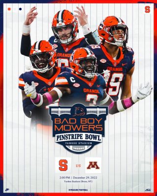 Syracuse University football players with the Pinstripe Bowl logo and school logos for both Syracuse University and the University of Minnesota.
