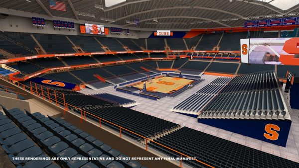 architectural rendering of renovated interior of JMA Wireless Dome during a basketball game with the words "These renderings are only representative and do not represent any final manifest"
