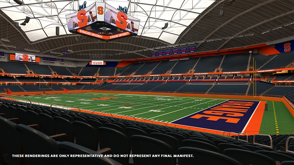 architectural rendering of renovated interior of JMA Wireless Dome during a football game with the words "These renderings are only representative and do not represent any final manifest"