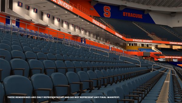 architectural rendering of upgraded chairback seating at the JMA Wireless Dome with the words "These renderings are only representative and do not represent any final manifest"